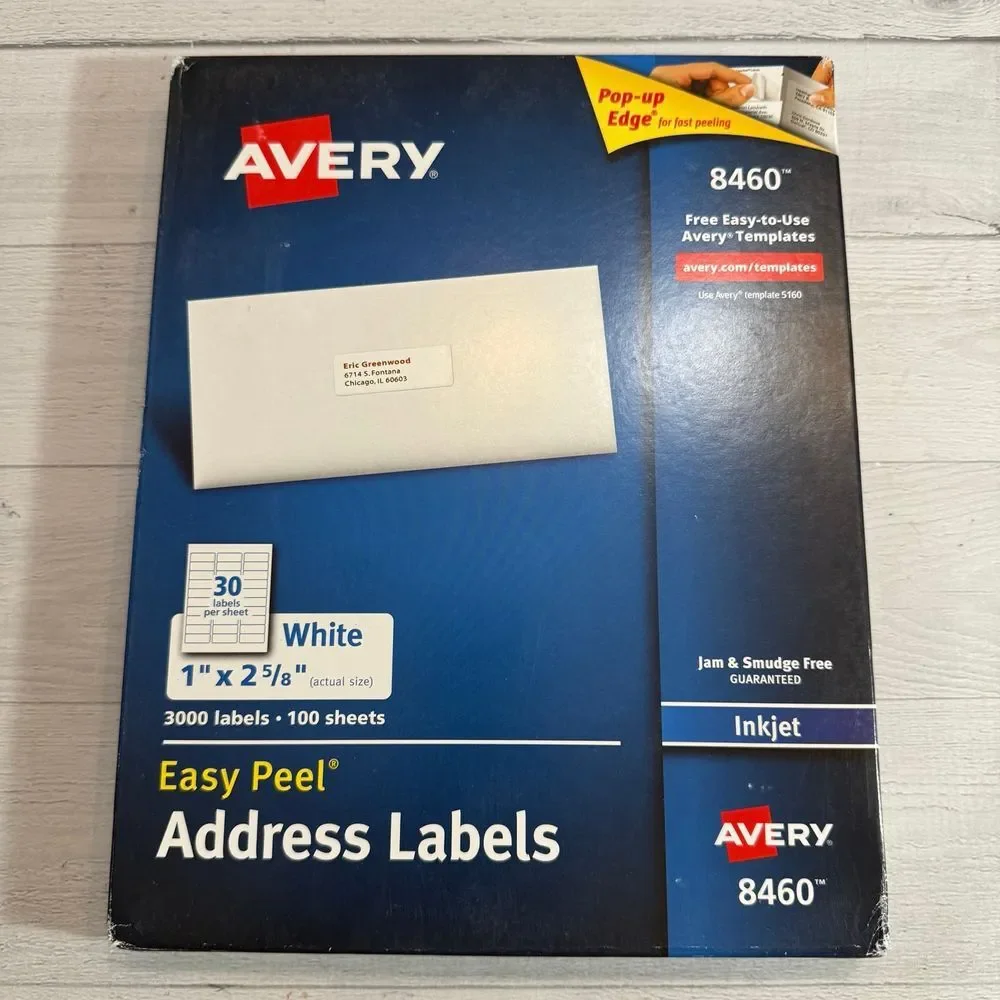 Avery 8460 easy peel address labels‎ inkjet, 3000 labels 100 sheets NEW